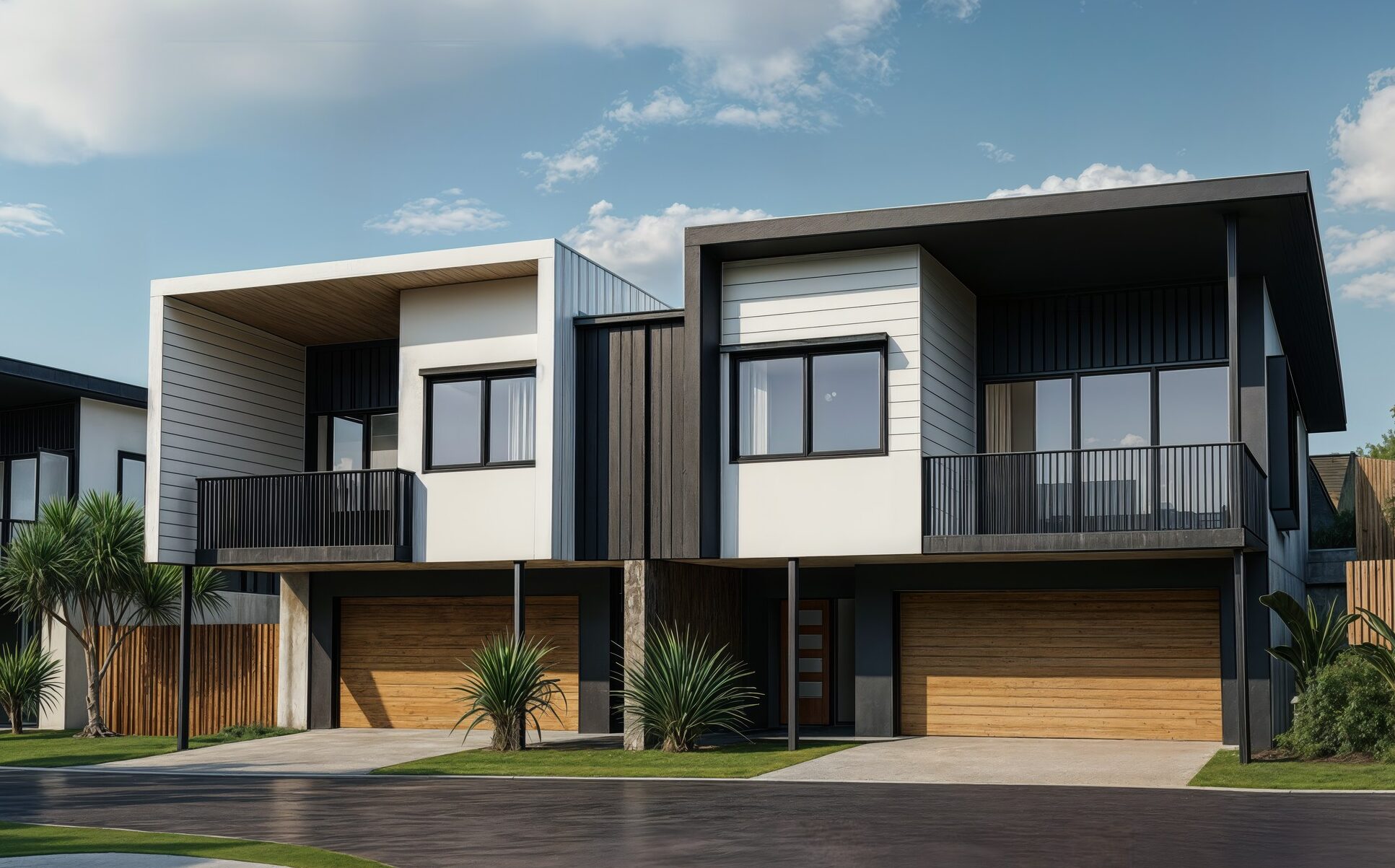 Skyline collection modern twin villas with timber garages and balconies at Cumulus Carrara