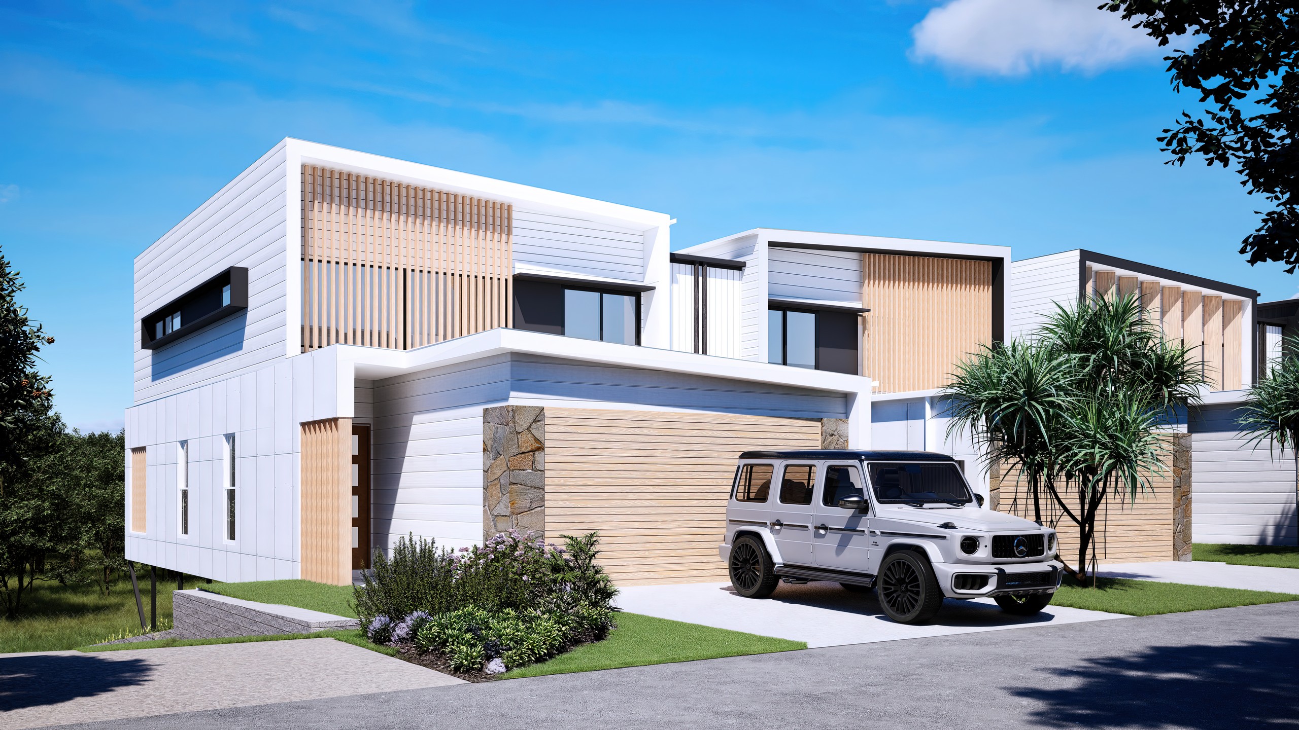 Street view of modern villas with timber screens and white facade, luxury SUV parked front